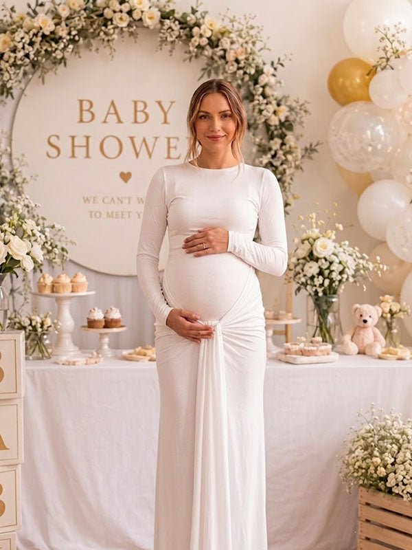 Momyknows Elegant White Bodycon Ruched Side Draped Baby Shower Maternity Maxi Dress - White - 2
