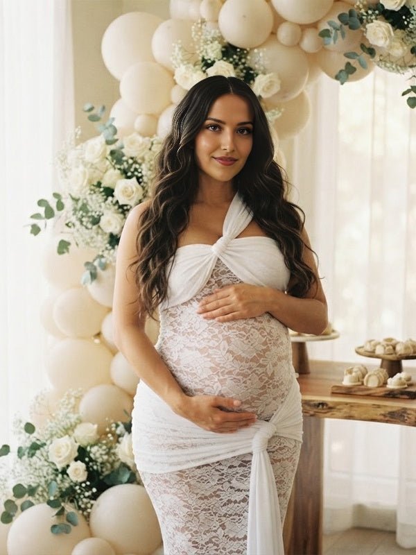 Momyknows White Oblique Shoulder Lace Ruched Sheer Lace Up Maternity Baby Shower Maxi Dress - White - 5