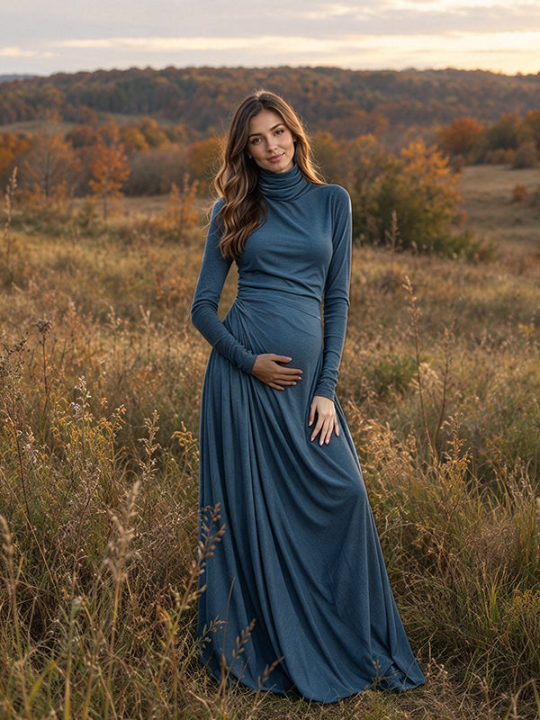 Navy blue Ruched Maternity Maxi Dress with High Neck and Practical Pockets and Flattering Silhouette, Photoshoot Style