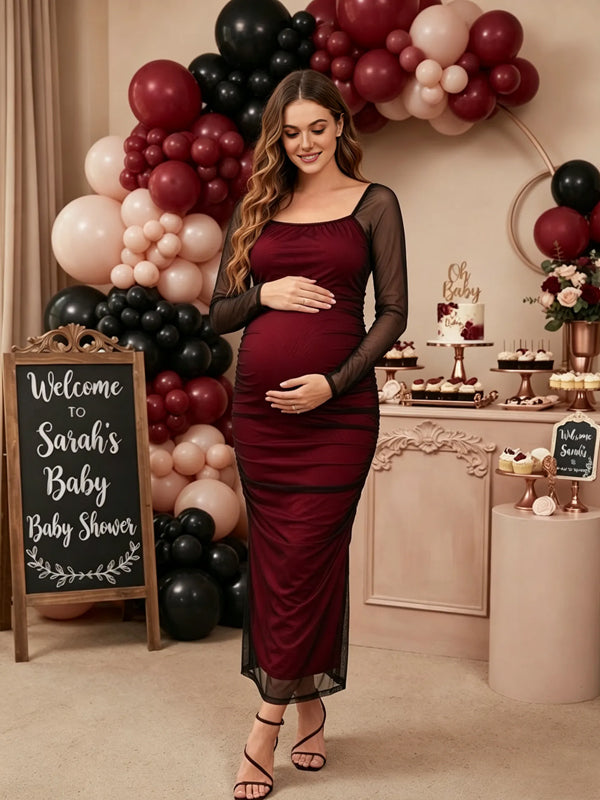 Burgundy Maternity Dress with Square Neck and Fitted Silhouette and Ruffle Details