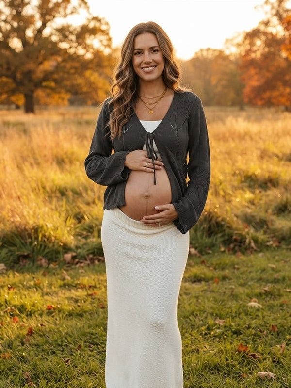 Black Crochet Maternity Top with Flare Sleeves and Lace Up Front and Flattering Silhouette