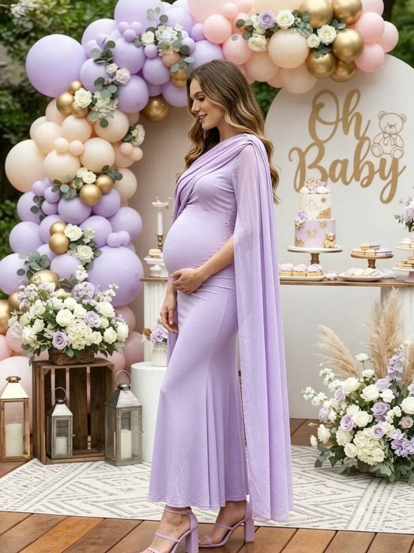 Purple Chiffon Maternity Dress with Cape Design and Ruffle Details and Fitted Fit