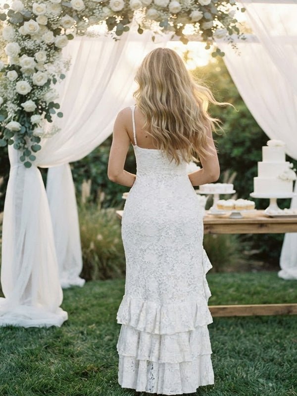 Momyknows White Spaghetti Strap Ruffle Lace Side Slit Backless Maternity Baby Shower Maxi Dress - White - 3