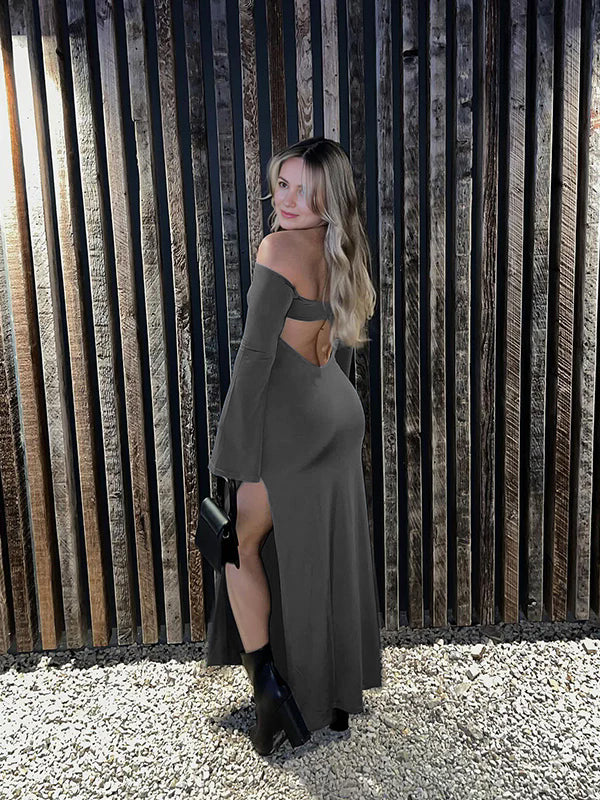Momyknows Dark Grey Off Shoulder Cut Out Side Slit Backless Cami Flare Sleeve Chic Going Out Party Maternity Photoshoot Baby Shower Maxi Dress Momyknows Dark Grey Off Shoulder Cut Out Side Slit Backless Cami Flare Sleeve Chic Going Out Party Maternity Photoshoot Baby Shower Maxi Dress