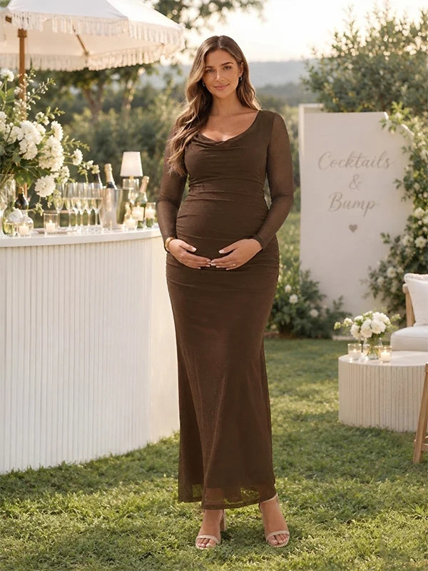 Elegant Mesh Bodycon Drape Neck Maternity Maxi Dress