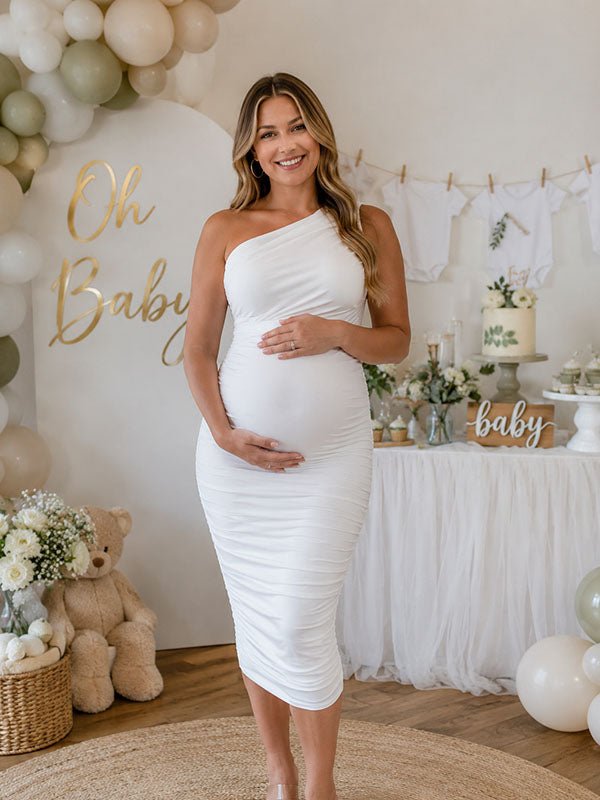 Momyknows Elegant Ruched Oblique Shoulder Bodycon Baby Shower Maternity Madi Dress - White - 1