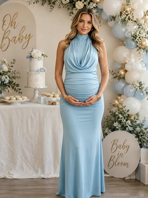 Momyknows Swing Collar Ruched Lace Up Trumpet Backless Maternity Baby Shower Maxi Dress