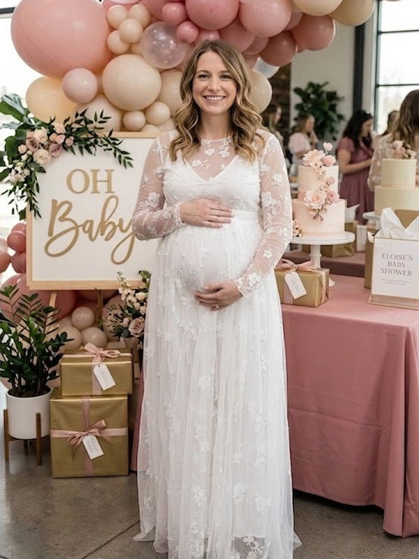 Momyknows White Lace Grenadine Embroidery Sheer Backless Maternity Photoshoot Maxi Dress