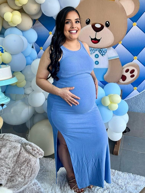Momyknows Blue Round Neck Side Slit Crochet Maternity Baby Shower Maxi Dress