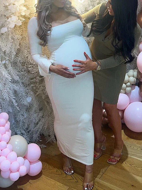Momyknows Elegant Long Sleeve Maternity Dress Ultimate Gender Reveal Outfit White Bodycon Dress, White / L