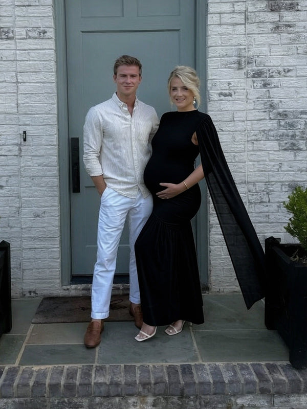 Black Maternity Maxi Dress with Mesh Patchwork Design and Fitted Bodycon Silhouette