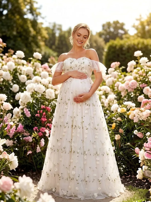 Momyknows White Off Shoulder Vestido Homecoming Maternity  Photoshoot Maxi Dress