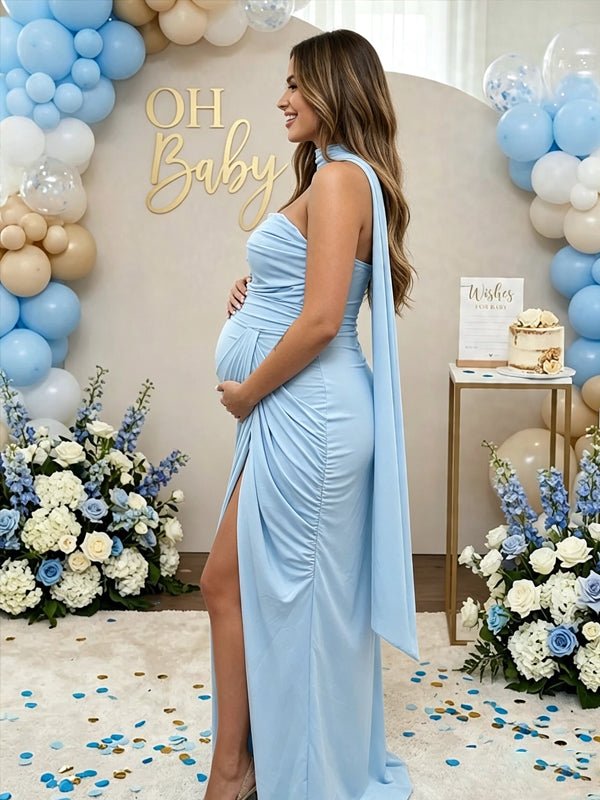 Momyknows Bandeau Ruffle Slit Backless Maternity Baby Shower Maxi Dress - Blue - 2