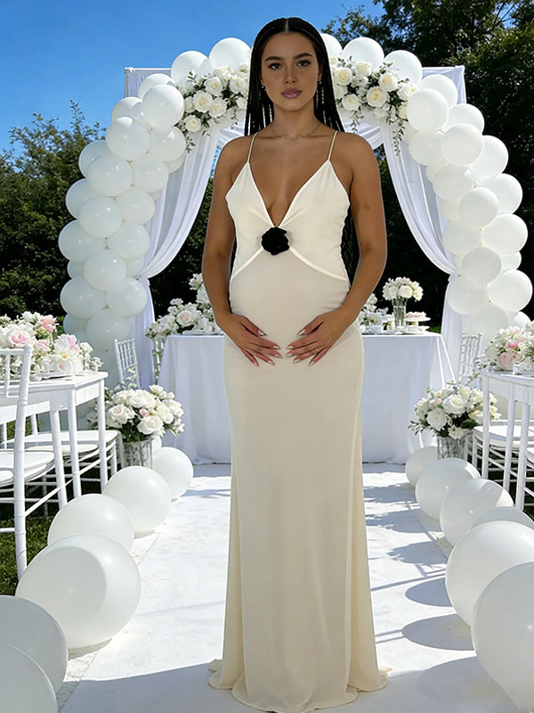 Momyknows White Spaghetti  Strap Flowers Open Back Maternity Baby Shower Maxi Dress