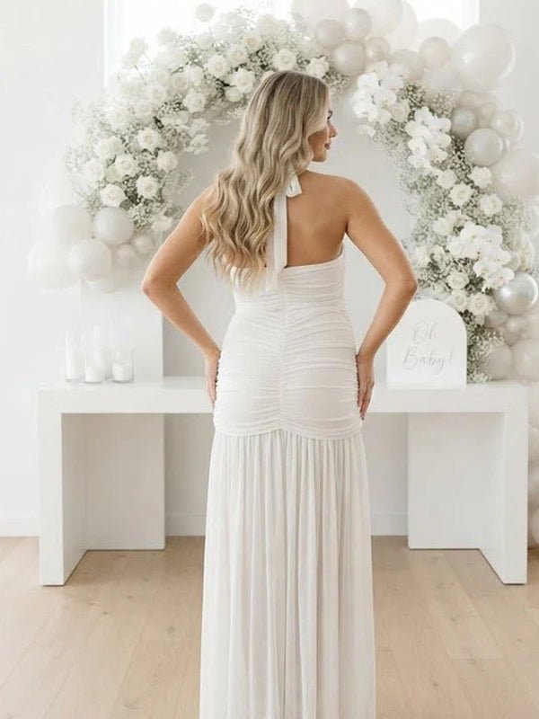 Momyknows White Halter Neck Side Slit Ruched Backless Grenadine Maternity Baby Shower Maxi Dress - White - 2