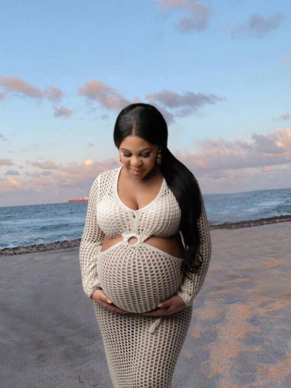 Momyknows Apricot Knit Coverup Dress Mesh Bodycon Beach Hollow Out Midi Crochet Maternity Cut Out Dress