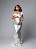 Momyknows White One Off Shoulder Silk Satin Backless Mermaid Photoshoot Evening Gown Baby Shower Maternity Maxi Dress