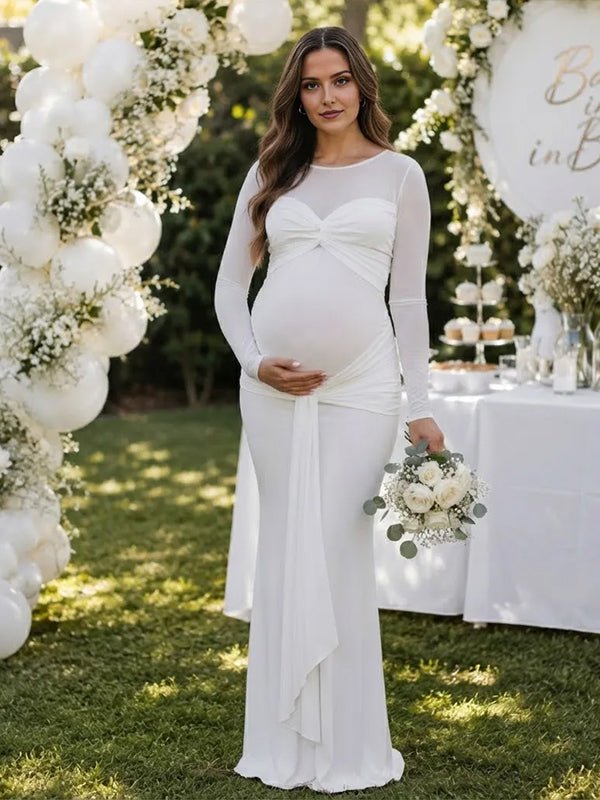 Momyknows White Ruched Sheer Grenadine Lace Up Maternity Baby Shower Maxi Dress - White - 3
