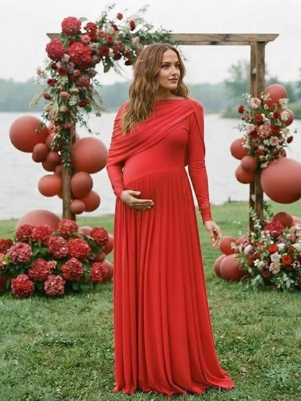 Momyknows Red Off Shoulder Ruched Cape Backless Big Swing Maternity Baby Shower Maxi Dress - Red - 2