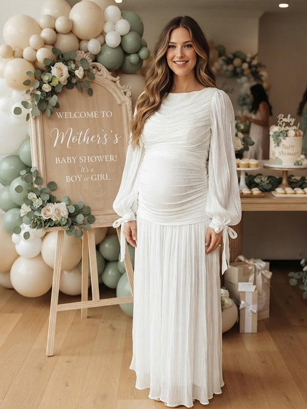 Momyknows Ruched Lace Up Glitter Draped Hem Big Swing Maternity Baby Shower Maxi Dress - White - 2