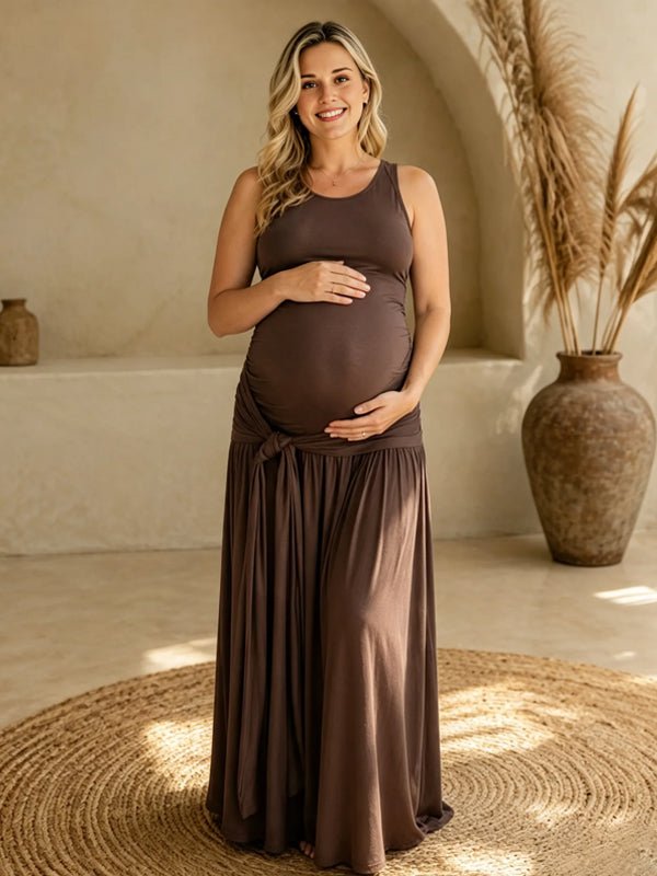 Momyknows Brown Splicing Ribbon Ruffle Knot Photoshoot Maternity Maxi Dress - Brown - 4