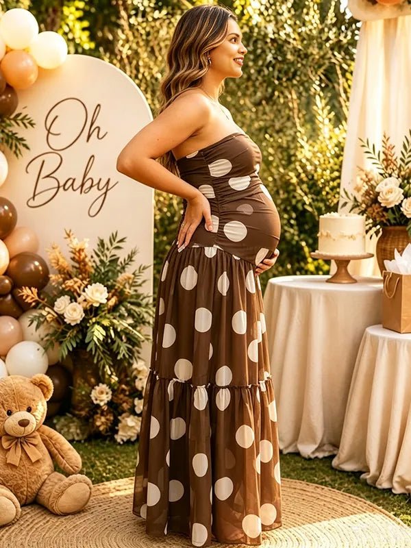 Momyknows Brown Open Back Off Shoulder Tulle Tutu Ombre Maternity Baby Shower Maxi Dress - Brown - 4