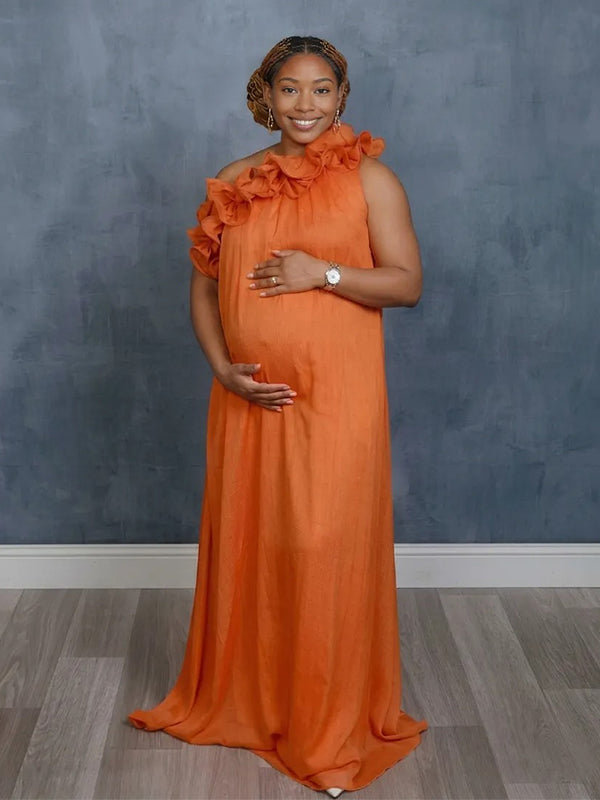 Momyknows Orange One-shoulder Wavy Edge Photoshoot Maternity Maxi Dress Orange / M Momyknows Orange One-shoulder Wavy Edge Photoshoot Maternity Maxi Dress Orange / M