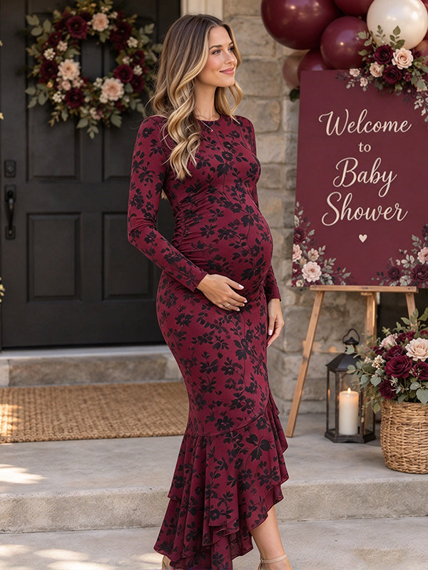 Wine Red Printed Maternity Maxi Dress with Ruffle Details and Ruched Bodice