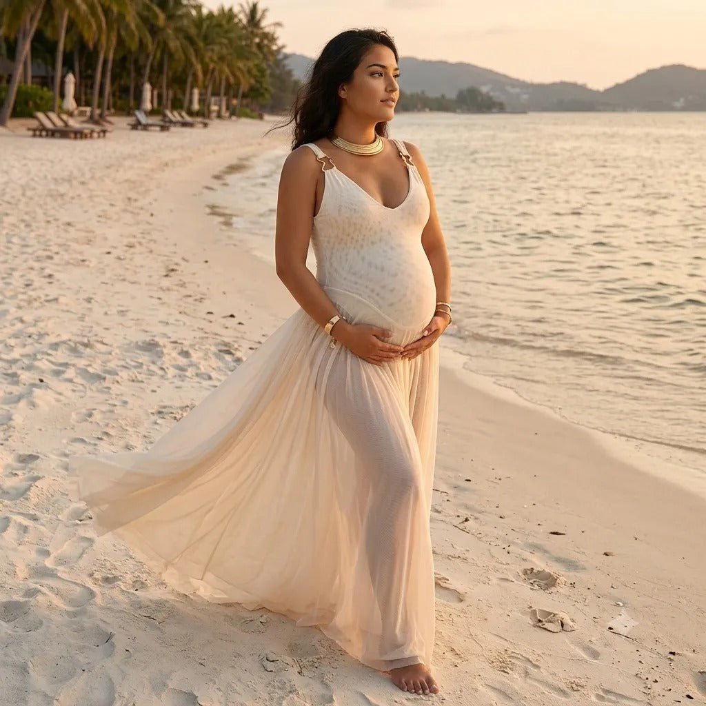 Momyknows White Ruffle Grenadine Lace-up Maternity Photoshoot Maxi Dress - White - 1