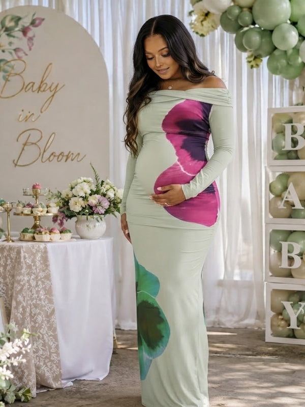 Green Print Maternity Maxi Dress with Off Shoulder and Backless Bodycon Fit