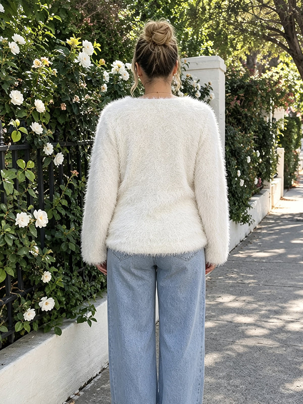 White Fashion Fluffy Maternity Top with Round Neck and Comfortable Fit