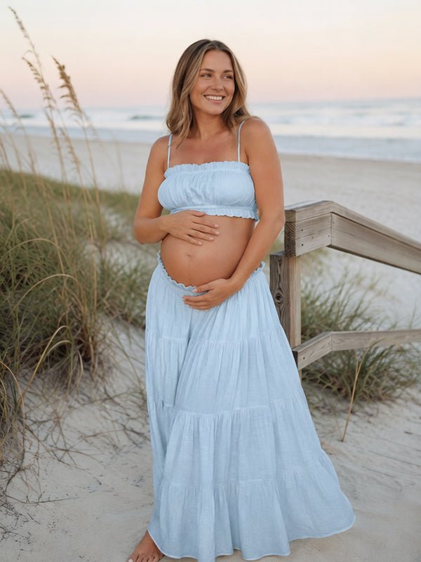 Momyknows Chic Blue 2-in-1 Falbala A-Line Shirring Spaghetti Straps Vacation Maternity Maxi Dress