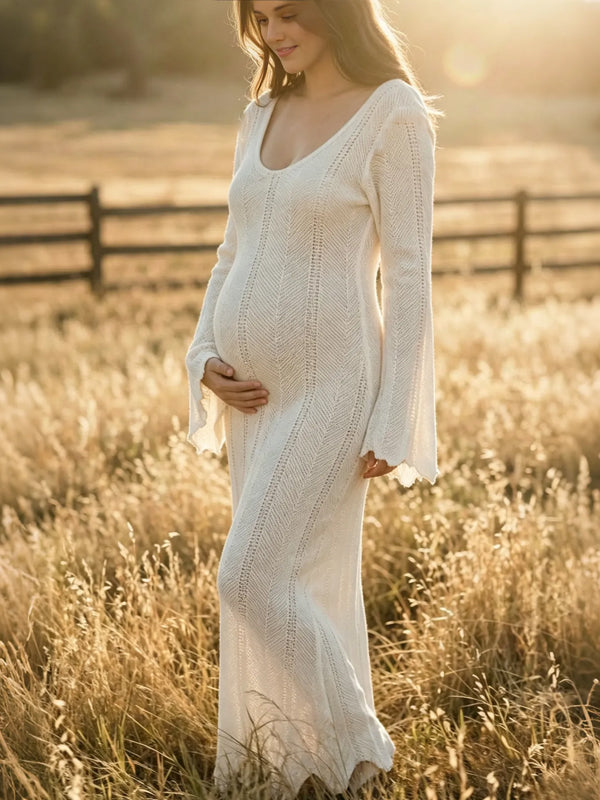 White V-Neck Maternity Dress with Cut-Out Details and Flared Sleeves and Crochet Accents, Photoshoot