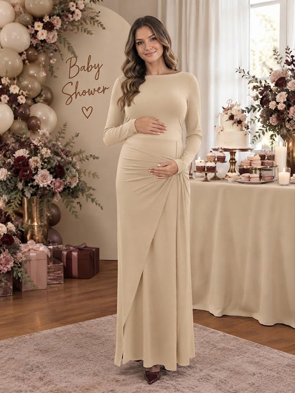 Khaki Elegant Maternity Maxi Dress with Ruched Design and Kink Detail and Graceful Silhouette, Baby Shower Style