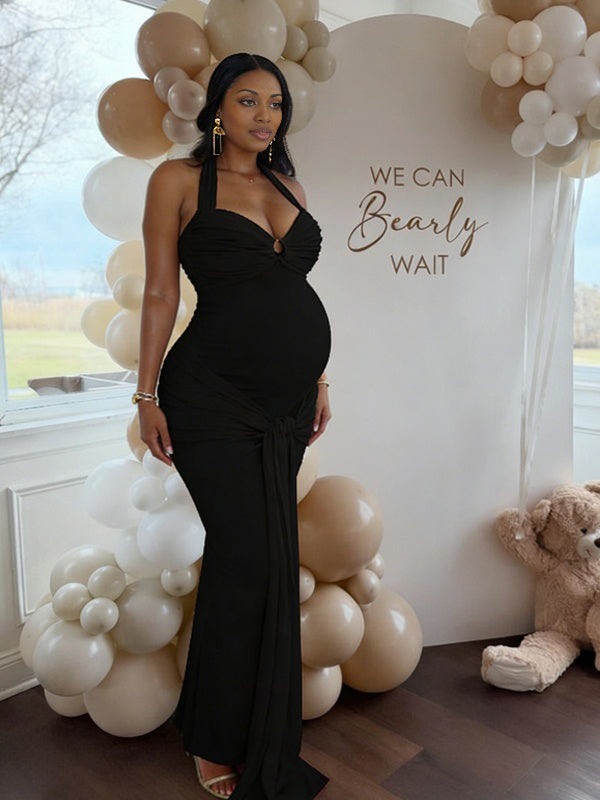 Momyknows Halter Neck Backless Ruched Lace Up Maternity Baby Shower Maxi Dress Black / L Momyknows Halter Neck Backless Ruched Lace Up Maternity Baby Shower Maxi Dress Black / L
