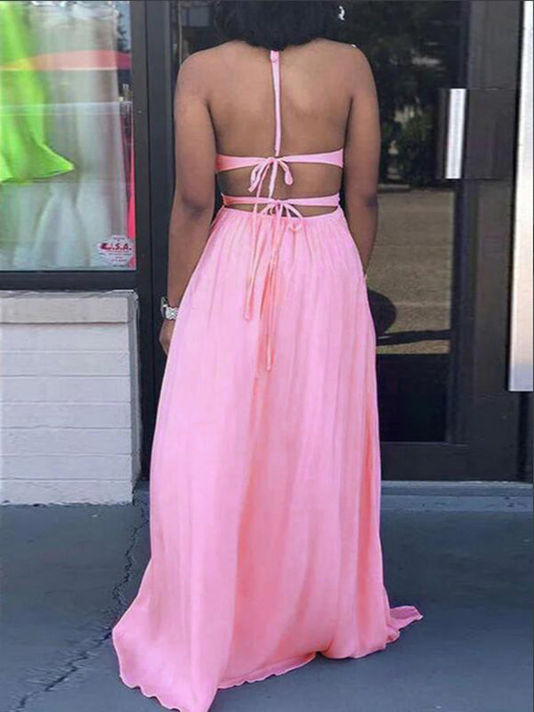 Momyknows Pink V-neck Spaghetti Strap Halter Neck Backless Cami Slit Baby Shower Plus Size Maternity Maxi Dress Pink / M Momyknows Pink V-neck Spaghetti Strap Halter Neck Backless Cami Slit Baby Shower Plus Size Maternity Maxi Dress Pink / M