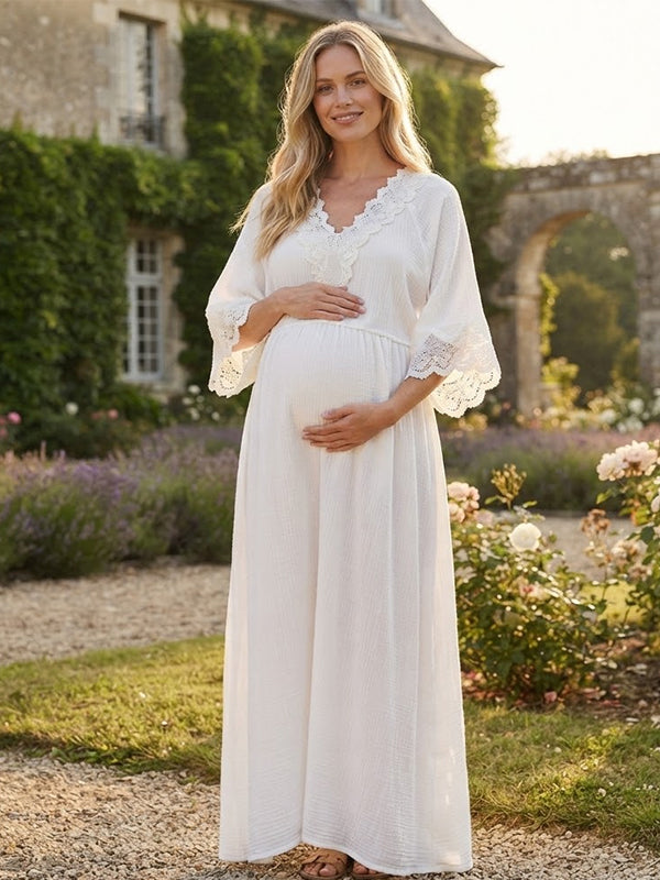White Lace Maternity Maxi Dress with Deep V Neckline and Spliced Design, Photoshoot Occasion