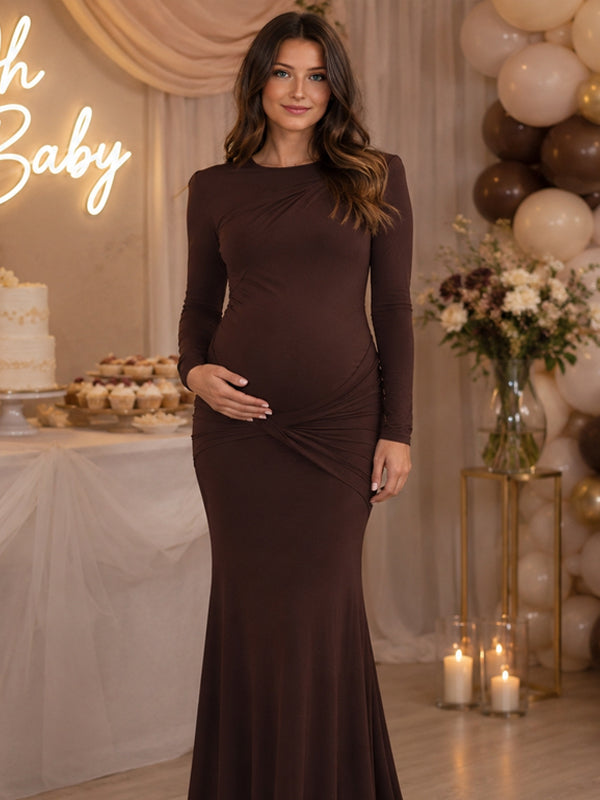 Brown Wine Red Elegant Maternity Maxi Dress with Ruched Detail and Backless Bodycon Fit, Baby Shower Style