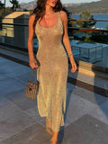 Momyknows Khaki Glitter Solid Color Sleeveless Fashion Photoshoot Party Beach Maternity Maxi Dress