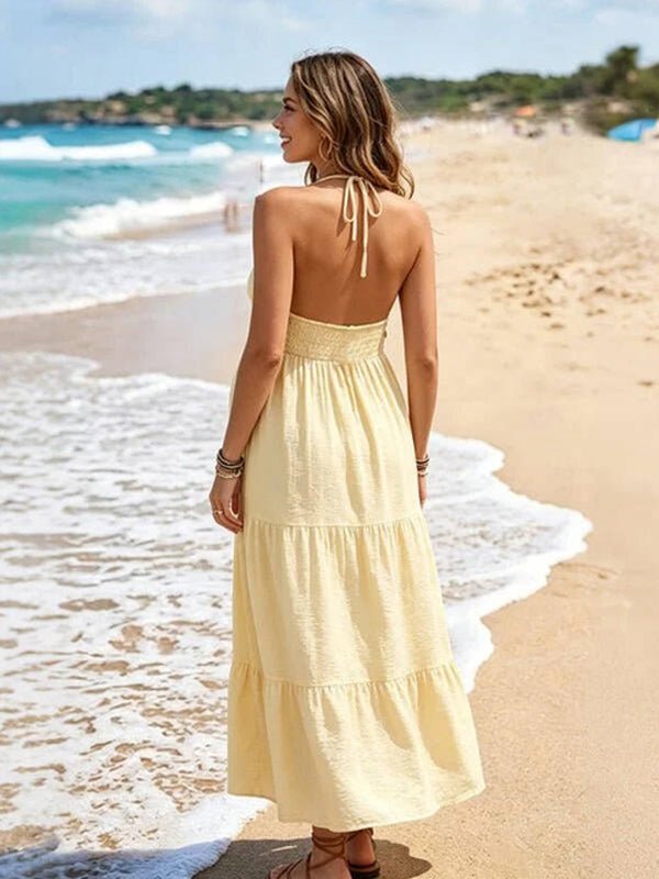 Momyknows V-neck Halter Neck lace-up Backless Daily Fashion Photoshoot Maternity Midi Dress - Yellow - 2