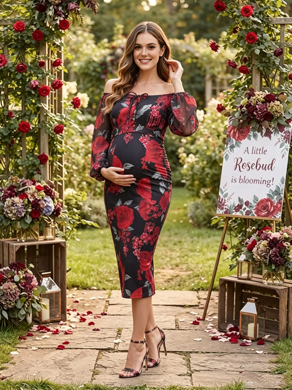 Black Printed Off-the-Shoulder Maternity Midi Dress with Pleated Details, Baby Shower