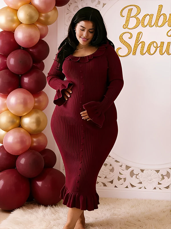 Momyknows Flare Sleeve Lace Trim Button Trumpet Maternity Sweater Baby Shower Maxi Dress