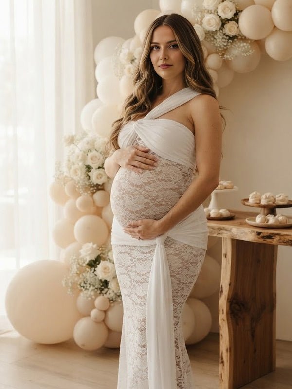 Momyknows White Oblique Shoulder Lace Ruched Sheer Lace Up Maternity Baby Shower Maxi Dress - White - 3