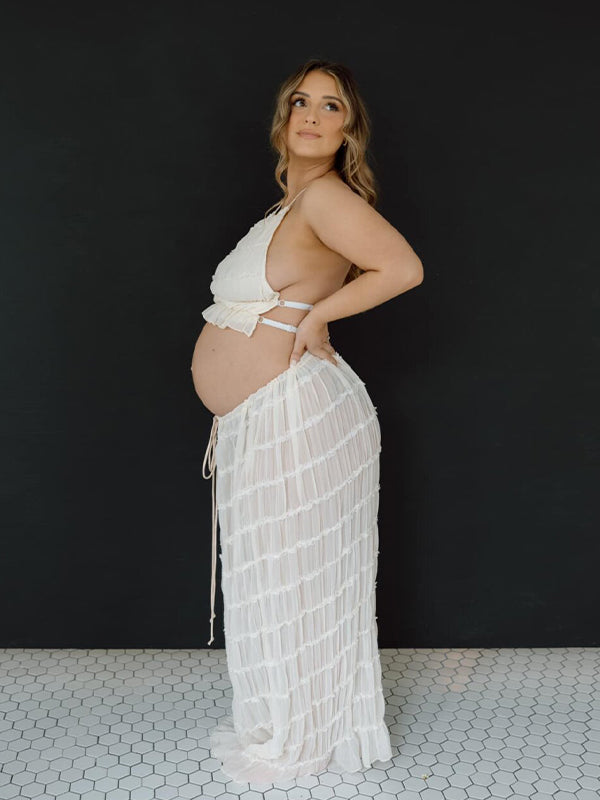 Momyknows Beige 2 Piece Smocked Ruffle Backless Flowy Elegant Vacation Beach Photoshoot Maternity Maxi Dress