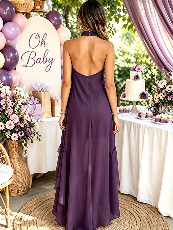 Momyknows Purple Open Back Halter Neck Falbala Embroidery Irregular Baby Shower Maxi Dress - Purple - 4