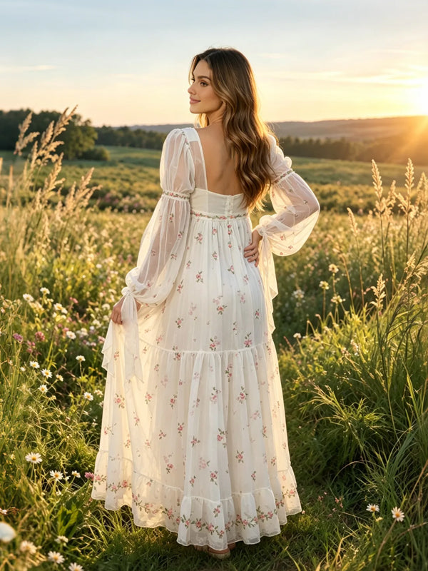 White Backless Maternity Maxi Dress with Flowing Tulle and Floral Accents