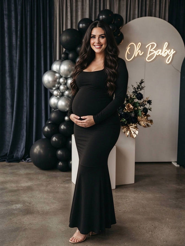 Black Maternity Maxi Dress with Square Neckline and High-Waisted Spliced Design
