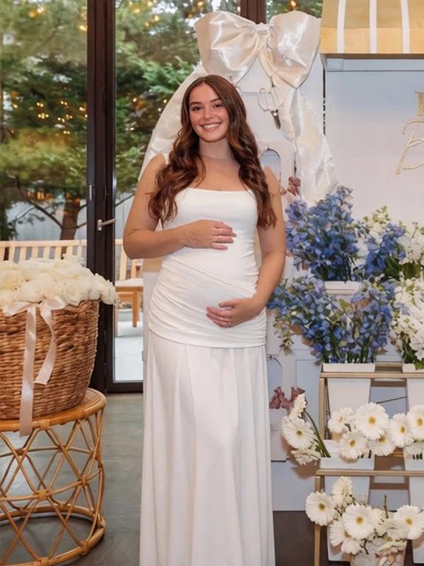 Momyknows Spaghetti Strap Big Swing Ruched Backless Maternity Baby Shower Maxi Dress - White - 6