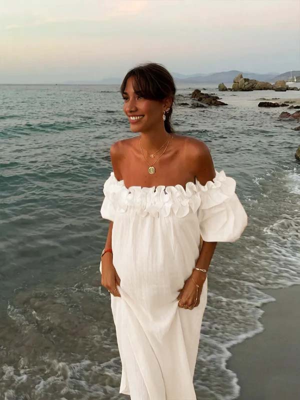 Momyknows White Ruffle Boat Neck Puff Sleeve Vacation Maternity Maxi Dress