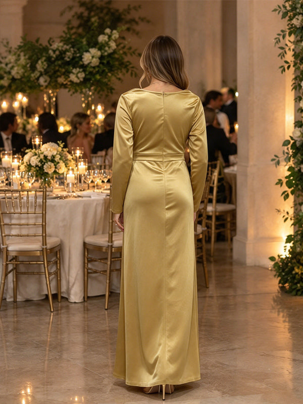 Golden Elegant Maternity Maxi Dress with Side Slit and Ruched Details